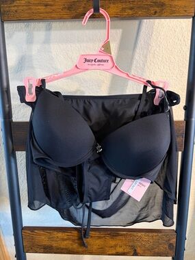 Juicy Couture Black 3 Piece Swimsuit Set Bikini Mesh Skirt Womens L NWT